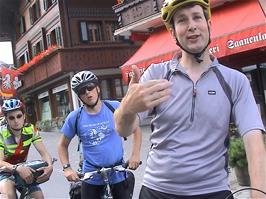 Michael explains to the kind German tourist on the Promenade, Gstaad that the camcorder is running.  9.5 miles into the ride